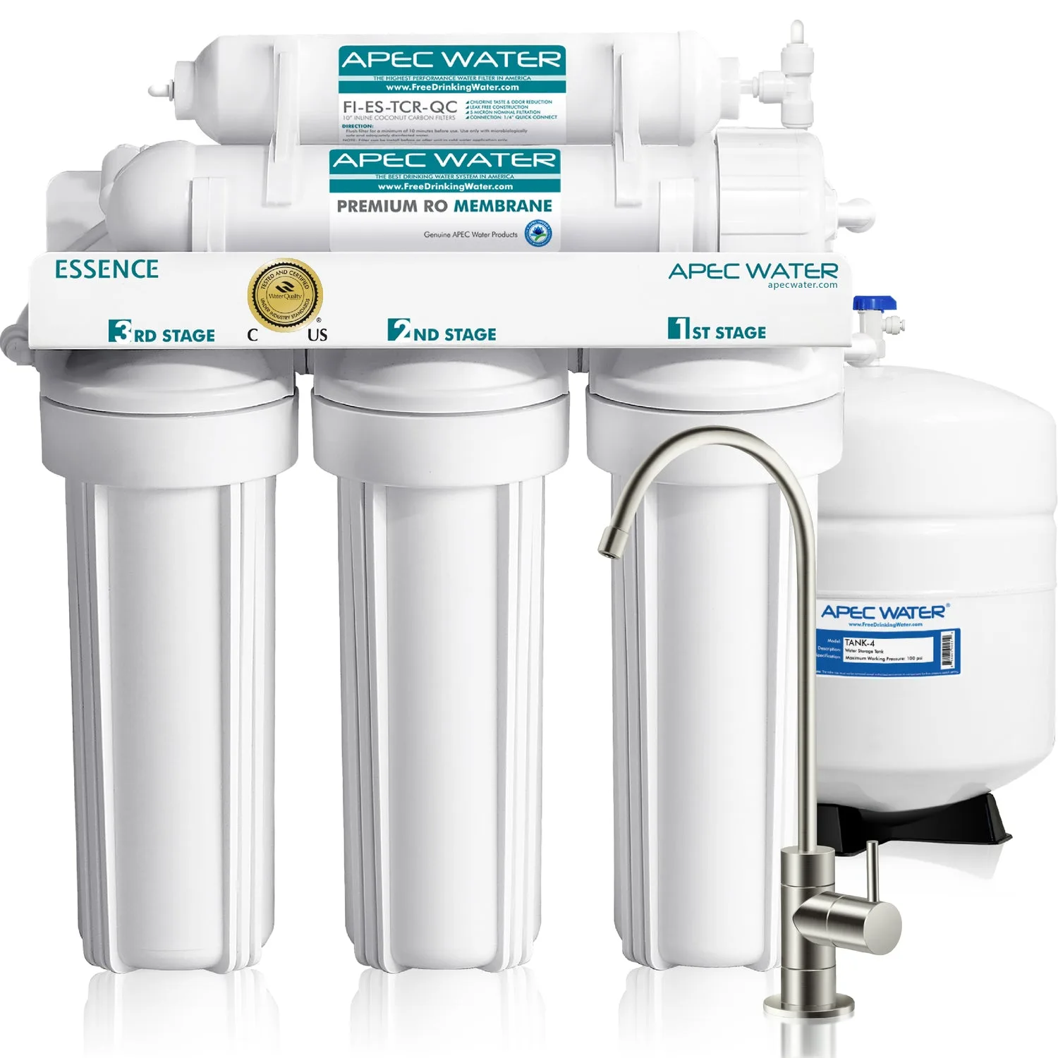 APEC ROES-50 Essence 5-stage reverse osmosis system with filter stages, storage tank and nickel faucet