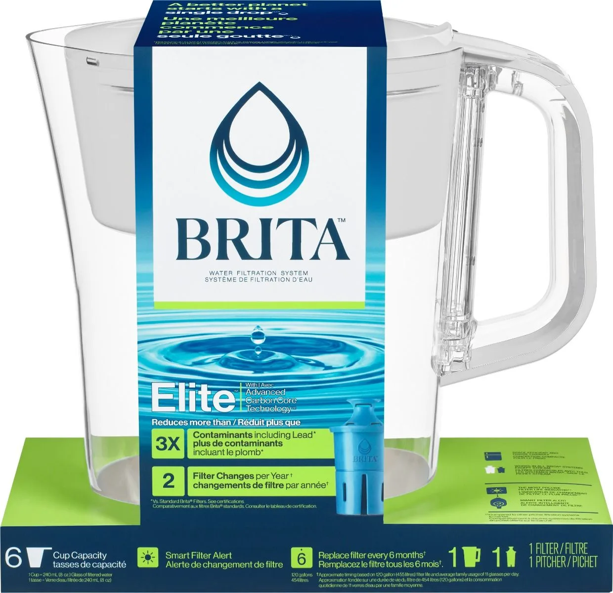 Brita Denali water pitcher with Elite filter shown in retail packaging