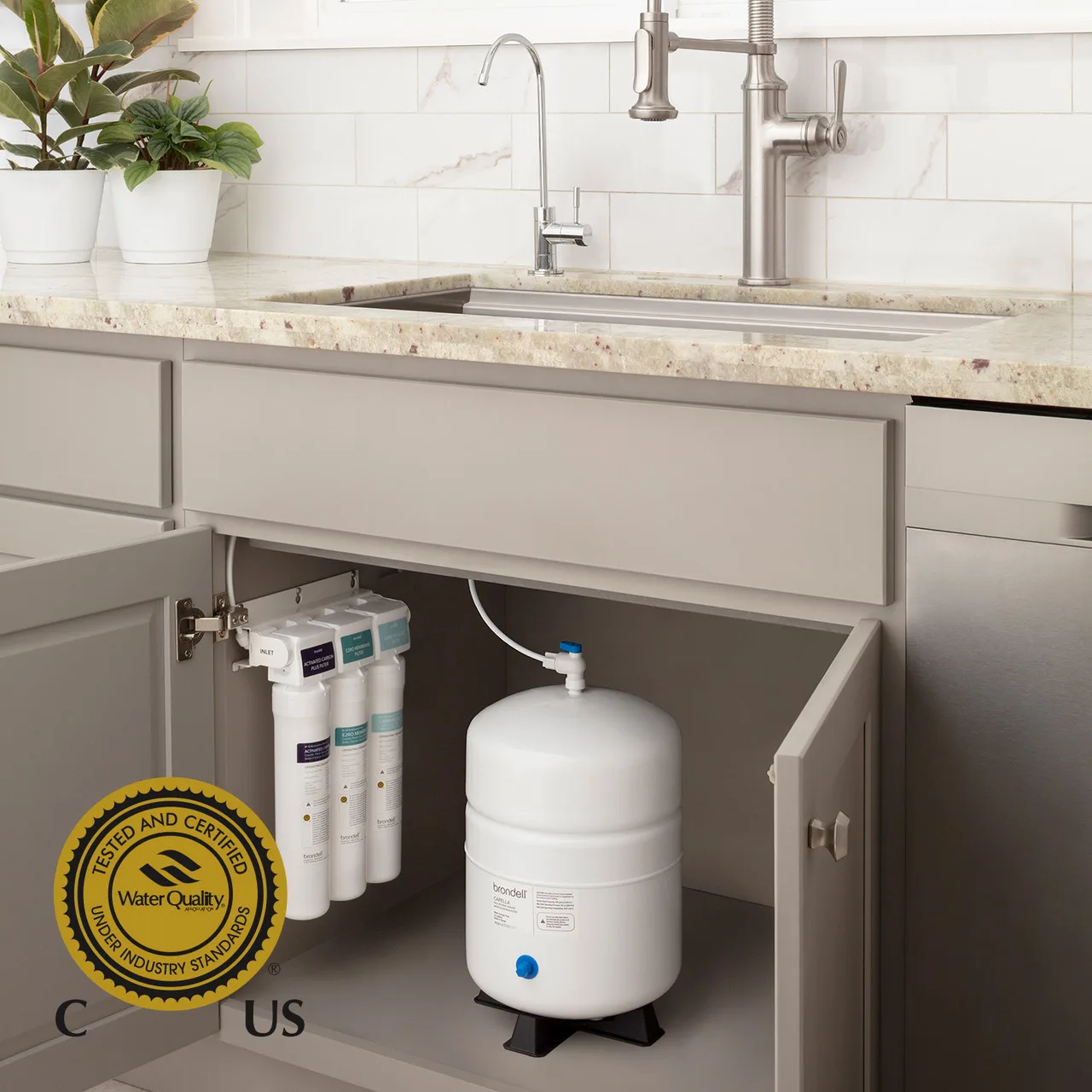 Brondell Capella RC250 reverse osmosis system installed under a sink