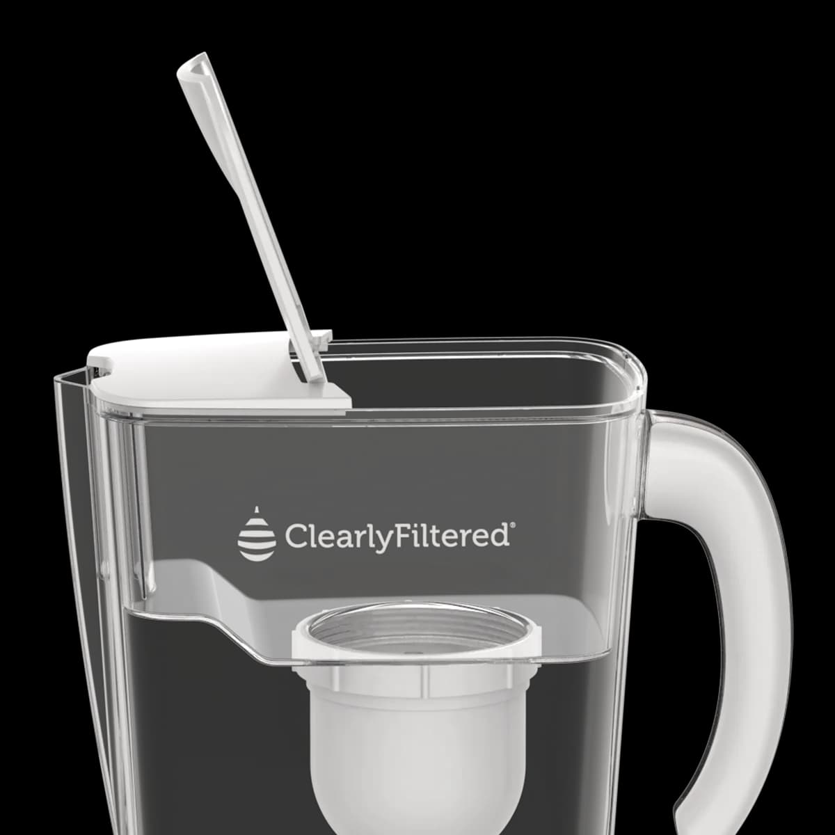 Close-up of the Clearly Filtered pitcher lid, fill flap and filter seating