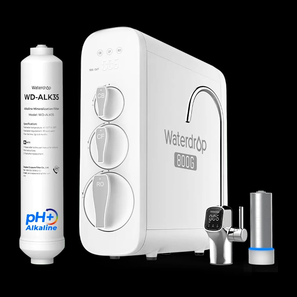Waterdrop G3P800 tankless reverse osmosis system with smart faucet and WD-ALK35 alkaline mineralization filter