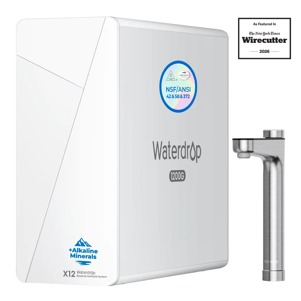Waterdrop X12 reverse osmosis system showing its NSF/ANSI 42, 58 and 372 certification badge and dedicated faucet