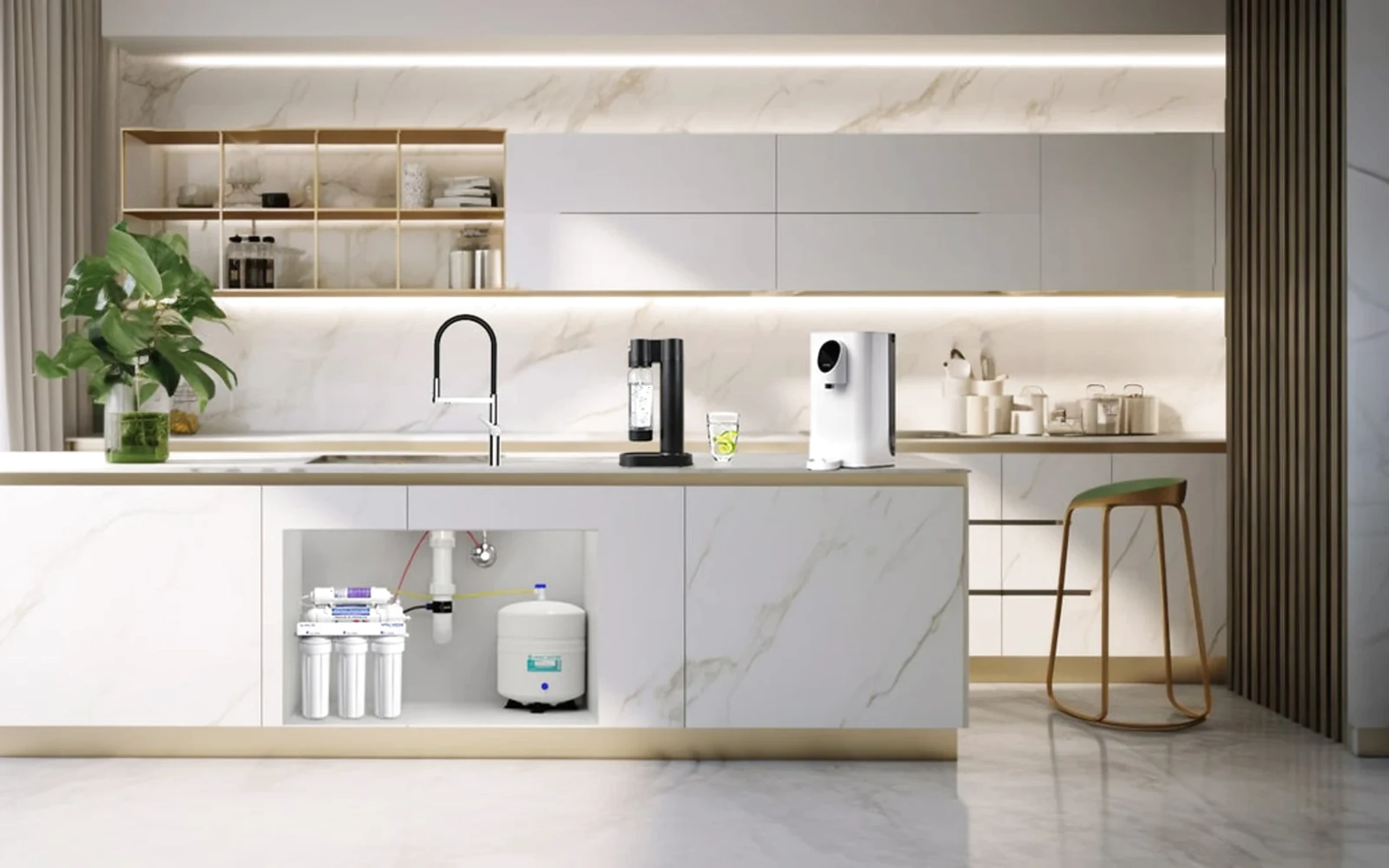Under-sink and countertop water filters in a clean kitchen